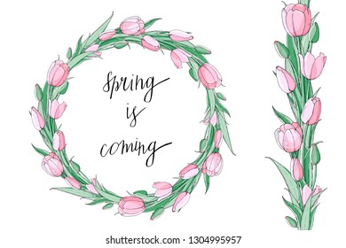 Stock vector floral set of seamless flower brush from pink tulips and beautiful wreath.  Isolated and hand drawn vector illustration. Floral design, flower backdrop. Festive design, wedding, spring.