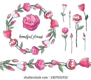 Stock vector floral set of seamless flower brush from pink eustomas and beautiful wreath.  Isolated and hand drawn illustration. Floral design, flower backdrop. Festive hand drawn pattern,  spring.