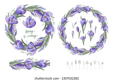 Stock vector floral set of seamless flower brush from crocuses and beautiful wreath.  Isolated and hand drawn illustration. Floral design, flower backdrop. Festive hand drawn pattern,  spring flowers.