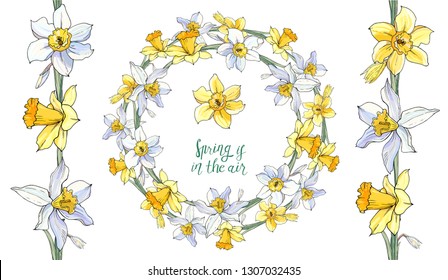 Stock vector floral set of seamless flower brush from narcissuss and beautiful wreath.  Isolated and hand drawn illustration. Floral design, flower backdrop. Festive hand drawn pattern,  spring flower