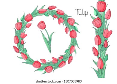 Stock vector floral set of seamless flower brush from red tulips and beautiful wreath.  Isolated and hand drawn vector illustration. Floral design, flower backdrop. Festive hand drawn pattern,  spring