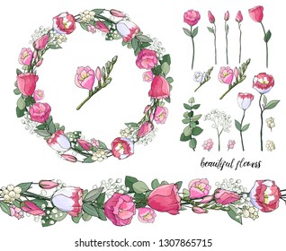 Stock vector floral set of seamless flower brush from pink eustomas and beautiful wreath.  Isolated and hand drawn illustration. Floral design, flower backdrop. Festive hand drawn pattern,  spring.
