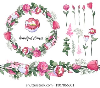Stock vector floral set of seamless flower brush from pink eustomas and beautiful wreath.  Isolated and hand drawn illustration. Floral design, flower backdrop. Festive hand drawn pattern,  wedding.