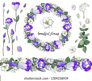 Stock vector floral set of seamless flower brush from pink eustomas and beautiful wreath.  Isolated and hand drawn illustration. Floral design, flower backdrop. Festive hand drawn pattern,  wedding.