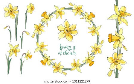 Stock vector floral set of seamless flower brush from narcissuss and beautiful wreath.  Isolated and hand drawn illustration. Floral design, flower backdrop. Festive hand drawn pattern,  spring flower