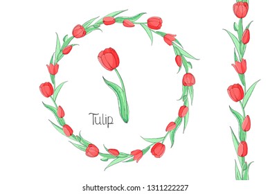 Stock vector floral set of seamless flower brush from red tulips and beautiful wreath.  Isolated and hand drawn vector illustration. Floral design, flower backdrop. Festive hand drawn pattern,  spring
