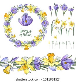 Stock vector floral set of seamless brush from spring flowers and herbs with beautiful wreath. Isolated and hand drawn vector illustration. Floral design, easter backdrop. Festive hand drawn pattern. 