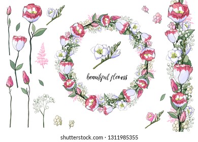 Stock vector floral set of seamless flower brush from pink eustomas and beautiful wreath.  Isolated and hand drawn illustration. Floral design, flower backdrop. Festive hand drawn pattern,  wedding.