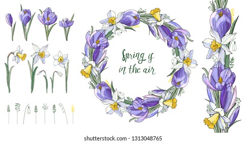 Stock vector floral set of seamless brush from spring flowers and herbs with beautiful wreath. Isolated and hand drawn vector illustration. Floral design, easter backdrop. Festive hand drawn pattern. 