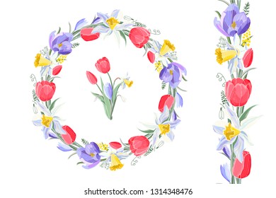 Stock vector floral set of seamless brush from spring flowers and herbs with beautiful wreath. Isolated and hand drawn vector illustration. Floral design, easter backdrop. Festive hand drawn pattern. 