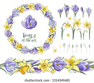 Stock vector floral set of seamless brush from spring flowers and herbs with beautiful wreath. Isolated and hand drawn vector illustration. Floral design, easter backdrop. Festive pattern. 