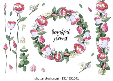 Stock vector floral set of seamless flower brush from pink eustomas and beautiful wreath.  Isolated and hand drawn illustration. Floral design, flower backdrop. Festive pattern,  wedding, celebration.