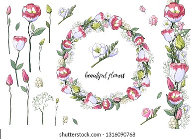 Stock vector floral set of seamless flower brush from pink eustomas and beautiful wreath.  Isolated and hand drawn illustration. Floral design, flower backdrop. Festive hand drawn pattern,  wedding.