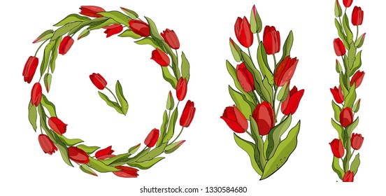 Stock vector floral set of seamless flower brush from tulips and beautiful wreath. Isolated and hand drawn illustration. Floral design, flower backdrop. Festive hand drawn pattern, spring.