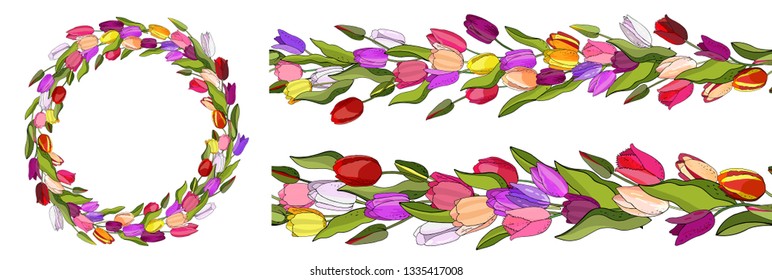 Stock vector floral set of seamless flower brush from tulips and beautiful wreath. Isolated and hand drawn illustration. Floral design, flower backdrop. Festive hand drawn pattern, spring.