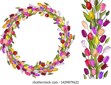 Stock vector floral set of seamless flower brush from multicolored tulips. Isolated and hand drawn illustration. Floral design, flower backdrop. Festive hand drawn pattern, spring.