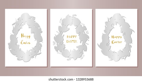 Stock vector floral set of three easter greting cards. Beautiful egg frames from flat silver whreath silhouettes. Isolated and hand drawn illustration. Floral design, easter backdrop. Festive print.