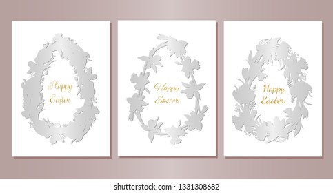 Stock vector floral set of three easter greeting cards. Beautiful egg frames from flat silver whreath silhouettes. Isolated and hand drawn illustration. Floral design, easter backdrop. Festive print.