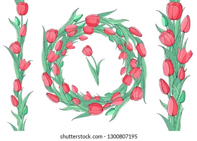 Stock vector floral set of two seamless flower brushes from red tulips and beautiful wreath.  Isolated and hand drawnillustration. Floral design, flower backdrop. Festive hand drawn pattern,  spring.