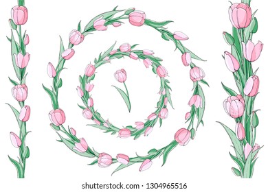 Stock vector floral set of two seamless flower brushes from pink tulips and beautiful wreath.  Isolated and hand drawn illustration. Floral design, flower backdrop. Festive hand drawn pattern,  spring