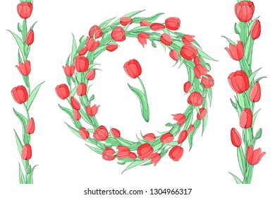 Stock vector floral set of two seamless flower brushes from red tulips and beautiful wreath.  Isolated and hand drawn illustration. Floral design, flower backdrop. Festive hand drawn pattern,  spring