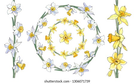 Stock vector floral set of two seamless flower brushes from narcissuss and beautiful wreath. Isolated and hand drawn illustration. Floral design, flower backdrop. Festive hand drawn pattern,  spring.