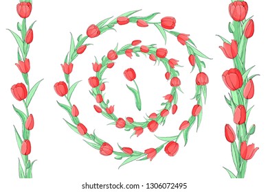 Stock vector floral set of two seamless flower brushes from red tulips and beautiful wreath.  Isolated and hand drawnillustration. Floral design, flower backdrop. Festive hand drawn pattern,  spring
