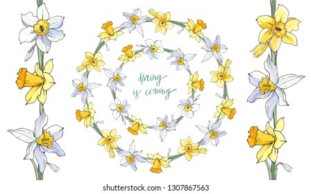 Stock vector floral set of two seamless flower brushes from narcissuss and beautiful wreath. Isolated and hand drawn illustration. Floral design, flower backdrop. Festive hand drawn pattern,  spring.