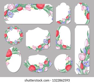Stock vector floral spring easter set of greting cards. Tulips, crocuses and daffodils. Isolated and hand drawn illustration. Floral design, easter backdrop. Festive print.