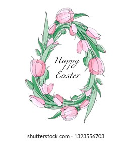 Stock vector floral spring easter greting card. Beautiful egg frame from pink tulips. Isolated and hand drawn illustration. Floral design, easter backdrop. Festive print.
