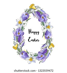 Stock vector floral spring easter greting card. Beautiful egg frame from crocuses and daffondils. Isolated and hand drawn illustration. Floral design, easter backdrop. Festive print.