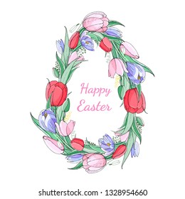 Stock vector floral spring easter greting card. Beautiful egg frame from pink and red tulips with crocuses. Isolated and hand drawn illustration. Floral design, easter backdrop. Festive print.