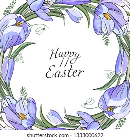 Stock vector floral spring easter greeting card. Beautiful flower frame from crocuses with festive lettering. Isolated and hand drawn illustration. Floral design, easter backdrop. Holiday print.