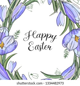 Stock vector floral spring easter greeting card. Beautiful flower frame from crocuses with festive lettering. Isolated and hand drawn illustration. Floral design, easter backdrop. Holiday print.