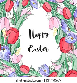 Stock vector floral spring easter greeting card. Beautiful flower frame from pink and red tulips with crocuses. Isolated and hand drawn illustration. Floral design, easter backdrop. Festive print.