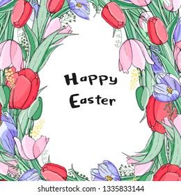 Stock vector floral spring easter greeting card. Beautiful flower frame from pink and red tulips with crocuses. Isolated and hand drawn illustration. Floral design, easter backdrop. Festive print.