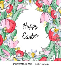 Stock vector floral spring easter greeting card. Beautiful flower frame from pink and red tulips with daffondils. Isolated and hand drawn illustration. Floral design, easter backdrop. Festive print.