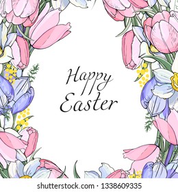 Stock vector floral spring easter greeting card. Beautiful flower frame from pink tulips, daffodils and crocuses. Isolated and hand drawn illustration. Floral design, easter backdrop. Festive print.