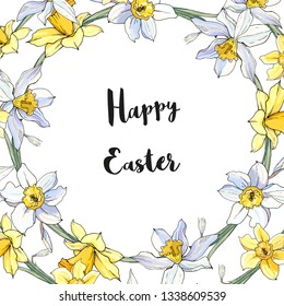 Stock vector floral spring easter greeting card. Beautiful flower frame from white and yellow daffondils. Isolated and hand drawn illustration. Floral design, easter backdrop. Festive print.
