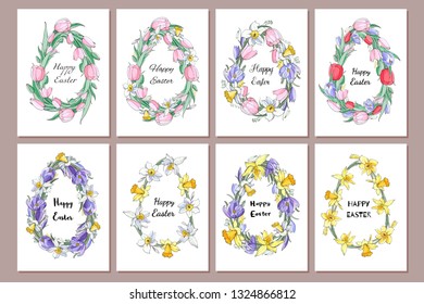 Stock vector floral spring set of eight greting cards. Beautiful egg frames from tulips, crocuses, daffondils. Isolated and hand drawn illustration. Floral design, easter backdrop. Festive print.