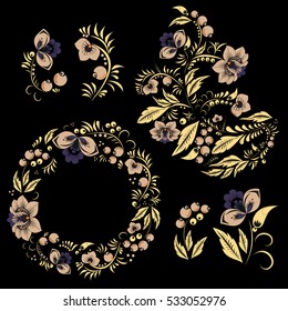 stock vector flowers and leaf. oriental or russian bouquet.