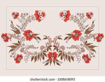 stock vector flowers and leaf ornament. oriental or russian pattern.necklace embroidery design