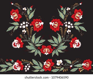 stock vector flowers and leaf ornament. oriental or russian pattern.necklace embroidery design