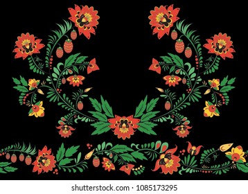 stock vector flowers and leaf ornament. oriental or russian pattern.necklace embroidery design
