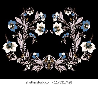 stock vector flowers and leaf ornament. oriental or russian pattern.necklace embroidery design