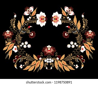stock vector flowers and leaf ornament. oriental or russian pattern.necklace embroidery design