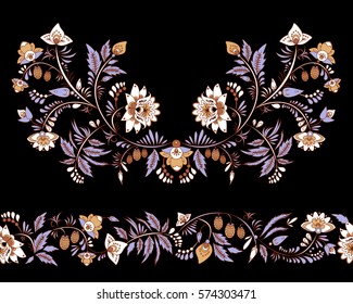 stock vector flowers and leaf ornament. oriental or russian pattern.necklace embroidery design