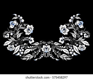stock vector flowers and leaf ornament. oriental or russian pattern.necklace embroidery design