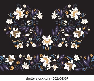Stock-Vektorblumen, Blattverzierungen und nahtlose Grenze. orientalisches oder russisches Muster.necklace Stickereidesign
