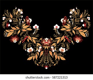 stock vector flowers and leaf ornament. oriental or russian pattern.necklace embroidery design